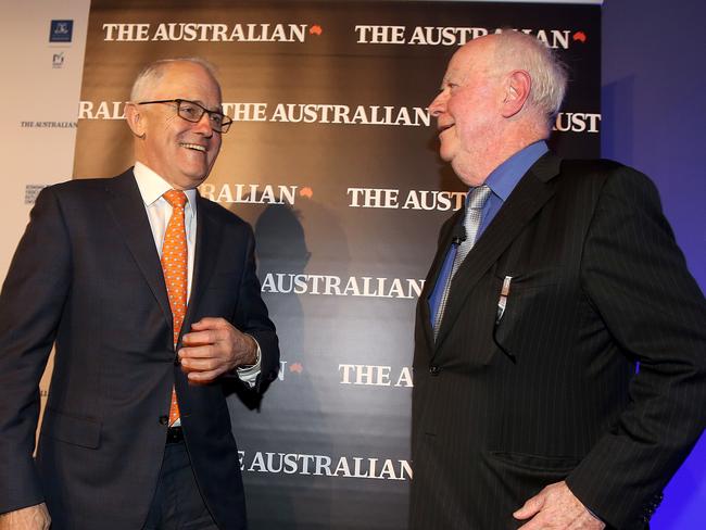 Malcolm Turnbull (left) and The Australian’s Editor-At-Large, Paul Kelly. Picture: David Geraghty