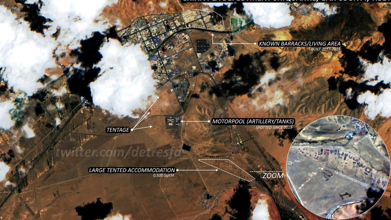 This satellite image, claiming it to be from Shiquanhe in Tibet Autonomous Region, shows China massing troops and equipment on its mountainous border with India. Picture: Twitter @detresfa.