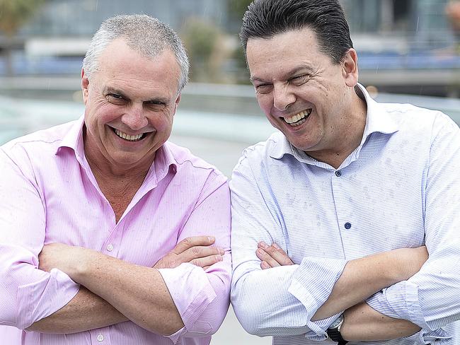 Campaign director & Nick Xenophon Team candidate Stirling Griff with Senator Nick Xenophon, at the Adelaide Oval footbridge. picture: Bianca De Marchi