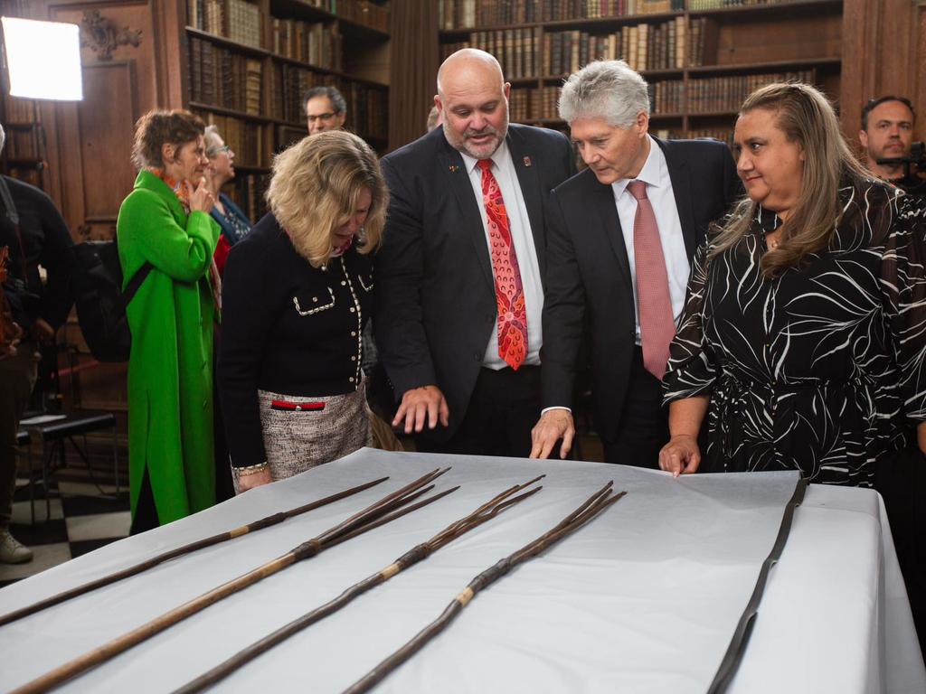 Australian High Commissioner to the United Kingdom Stephen Smith, second from right, and La Perouse Local Aboriginal Land Council representative Noeleen Timbery, right, attended the ceremony with various Cambridge University dignitaries. Picture: supplied