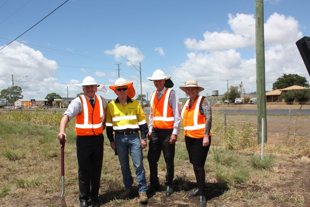 At the sod turning for works on the Warrego Highway are (from left) Federal Member for Groom Ian Macfarlane, Seymour Whyte managing director David McAdam, Member for Condamine Pat Weir and Kym Murphy from Transport and Main Roads. . Picture: Contributed