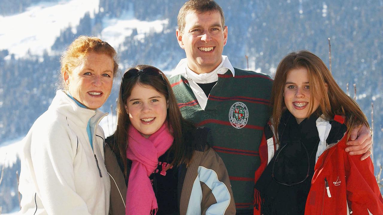 VERBIER, SWITZERLAND - FEBRUARY 18: (L to R) The Duchess of York, Princess Eugenie, the Duke of York and Princess Beatrice attend a photocall on February 18, 2003 in Verbier, Switzerland. Prince Andrew will celebrate his 43rd birthday on February 19. (Photo by UK Press/Getty Images)