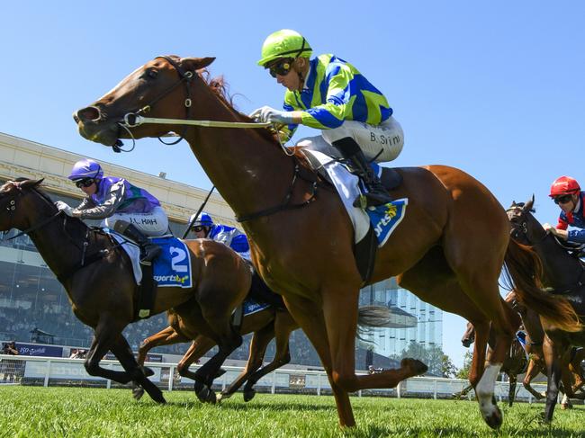 MELBOURNE, AUSTRALIA - FEBRUARY 10: Jamie Kah riding Hayasugi defeats Blake Shinn riding Kuroyanagi in Race 7, the Sportsbet Blue Diamond Prelude Fillies, during Melbourne Racing at Caulfield Racecourse on February 10, 2024 in Melbourne, Australia. (Photo by Vince Caligiuri/Getty Images)