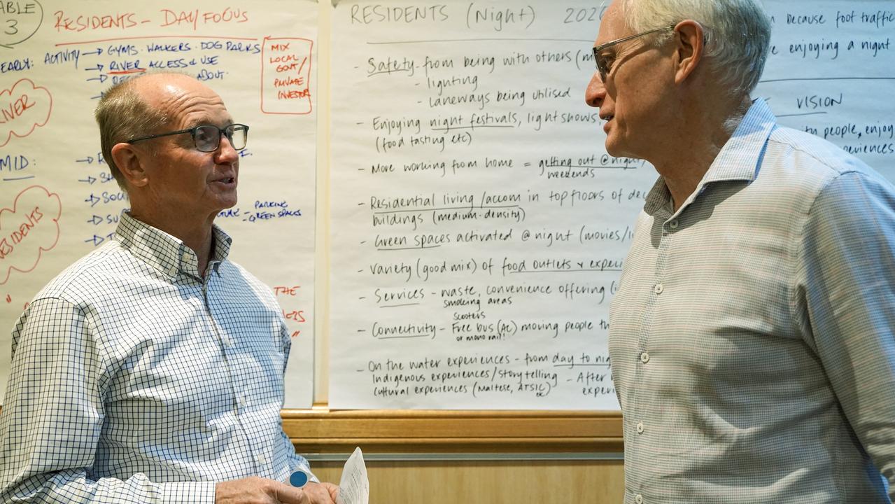 Think tank facilitators, business strategist Peter Ffrench and Inspiring Cities managing director John Aitken, at a session in Mackay about reviving the city centre. Picture: Heidi Petith