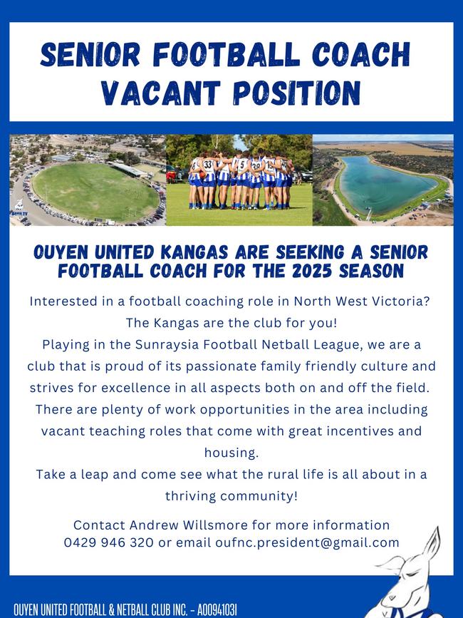 The advertisement for the coaching role at Ouyen United. Picture: Ouyen United Football Club.