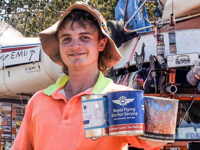 Travelling Jackaroo Sam Hughes, 20, is known across the country for the orange tractor he drives for charity. He has raised almost a quarter of a million for the Royal Flying Doctor Service, Dolly's Dream, and drought relief. Picture: Sierra Haigh