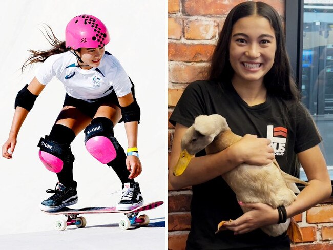 Arisa Trew in action at the Olympics, left, and with her pet duck. Picture: Michael Klein