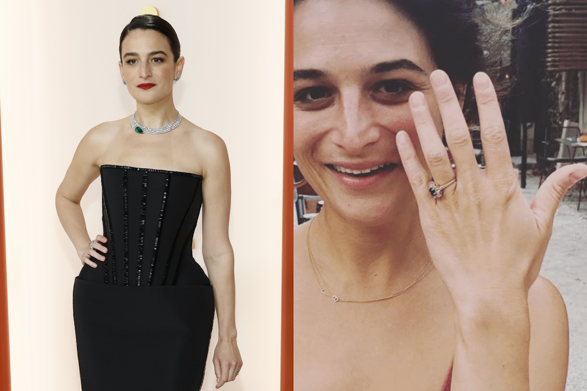 <h3><b>Jenny Slate</b></h3><p>Jenny Slate&rsquo;s engagement ring is also a gold band, featuring an oval-cut sapphire in a diamond halo.&nbsp;</p>