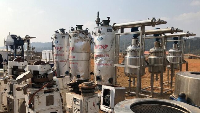 High pressure chemical reactors, and mixers used for manufacturing illicit drugs seized by Myanmar police and military. Picture: Reuters