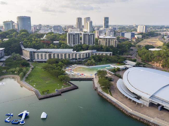 Aerial view of Darwin's Waterfront Precinct...Darwin Waterfront is home to the Wave Pool and also safe swimming Recreation Lagoon...Cafes and restaurants offer plenty of opportunities to refuel after a morning swim, linger over a luxurious lunch, or stop for a sundowner.