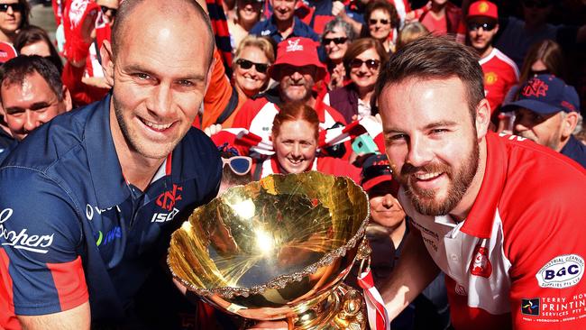 Max Thring (right) holds the SANFL cup with former Norwood captain and ex-PNU coach Jace Bode. The former North Adelaide premiership captain will be a huge boost for the Kings. Picture: Tom Huntley