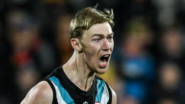 ADELAIDE, AUSTRALIA - MAY 02:   Todd Marshall of the Power    celebrates a goal during the round eight AFL match between Adelaide Crows and Port Adelaide Power at Adelaide Oval, on May 02, 2024, in Adelaide, Australia. (Photo by Mark Brake/Getty Images)