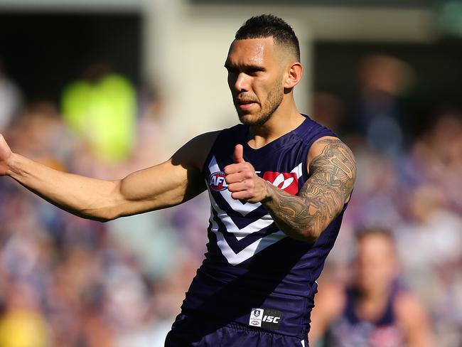 PERTH, AUSTRALIA - AUGUST 20: Harley Bennell of the Dockers celebrates a goal during the round 22 AFL match between the Fremantle Dockers and the Richmond Tigers at Domain Stadium on August 20, 2017 in Perth, Australia.  (Photo by Paul Kane/Getty Images)