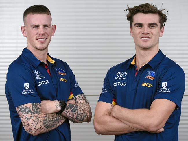 Crows draftees Ben Crocker and Ben Keays during an Adelaide Crows media opp in Adelaide, Monday, December 2, 2019. (AAP Image/Roy Vandervegt) NO ARCHIVING