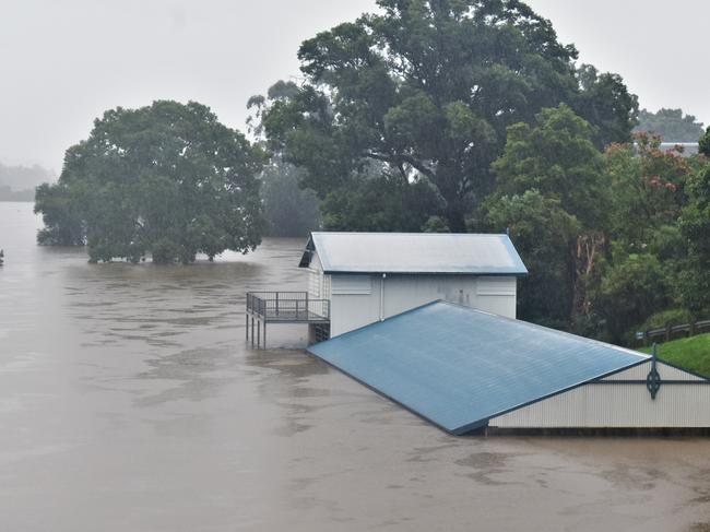 Clarence River up to the roof of the Clarence River Sailing Club at 4.4m, above the moderate flood level (3.6m) at 4pm on Tuesday, 23rd March, 2021.