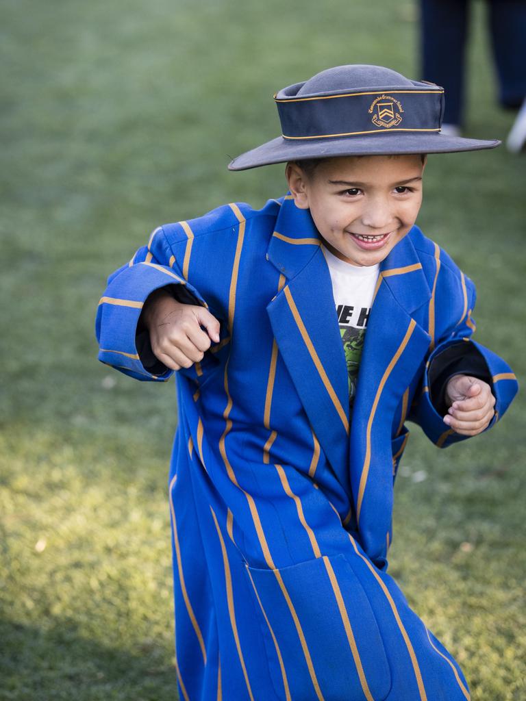 Ratu Baravilala wears his brothers Rupeni Baravilala TGS uniform after watching big brother Iliesa Baravilala play in the Firsts in the O'Callaghan Cup on Grammar Downlands Day at Toowoomba Grammar School, Saturday, August 19, 2023. Picture: Kevin Farmer