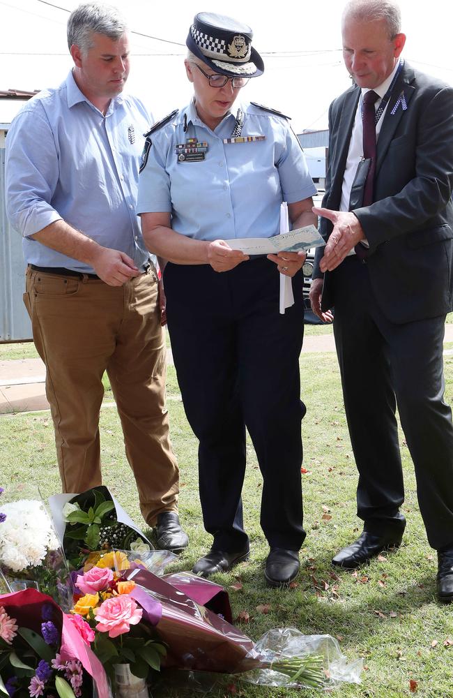 Ian Leavers (right) with Queensland Police Minister Mark Ryan and Police Commissioner Katarina Carroll. Picture: Liam Kidston