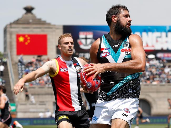 SHANGHAI, CHINA - JUNE 02: Paddy Ryder of the Power and Callum Wilkie of the Saints during the 2019 AFL round 11 match between the St Kilda Saints and the Port Adelaide Power at Adelaide Arena at Jiangwan Stadium on June 02, 2019 in Shanghai, China. (Photo by Michael Willson/AFL Photos)