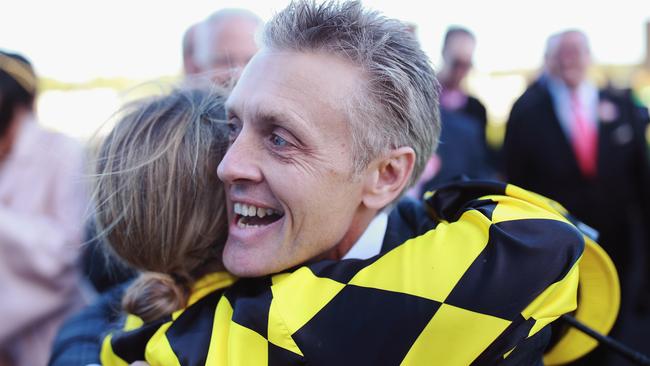 Trainer Mark Newnham hugs Rachel King after winning race 7 The Spring Champion Stakes with Maid Of Heaven. Picture: Getty Images