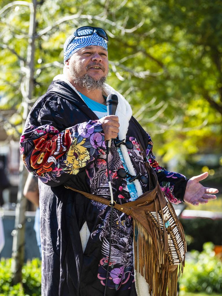 Jarowair Wakka Wakka man Conrad Bauwens gives the Welcome to Country before a Smoking Ceremony at the NAIDOC arts and craft market at Grand Central, Saturday, July 9, 2022. Picture: Kevin Farmer