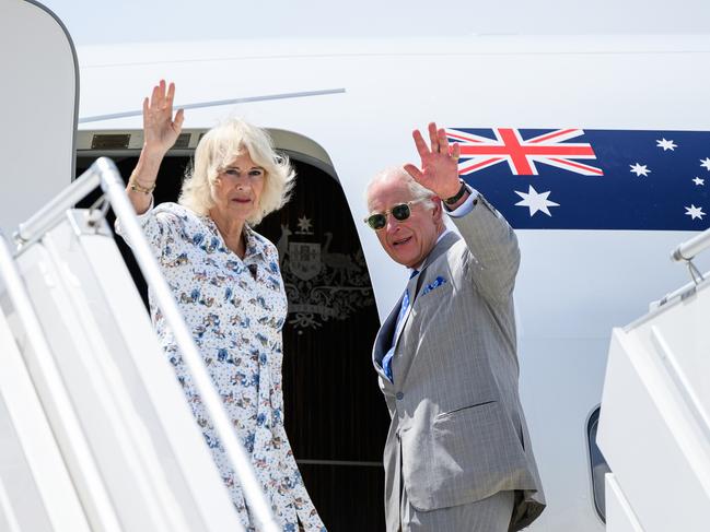 King Charles III and Queen Camilla bid farewell at Sydney Kingsford Smith Airport. Picture: Bianca De Marchi-Pool/Getty Images