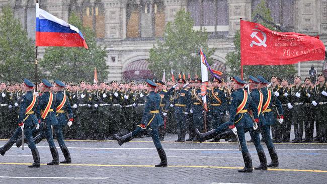 Russian honour guard soldiers march on Moscow’s Red Square during last week’s Victory Day military parade. Picture: AFP