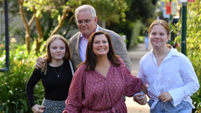 Prime Minister Scott Morrison, wife Jenny and daughters Abbey and Lily arrive for an Easter service at the Horizon Church in Sutherland. Picture: AAP