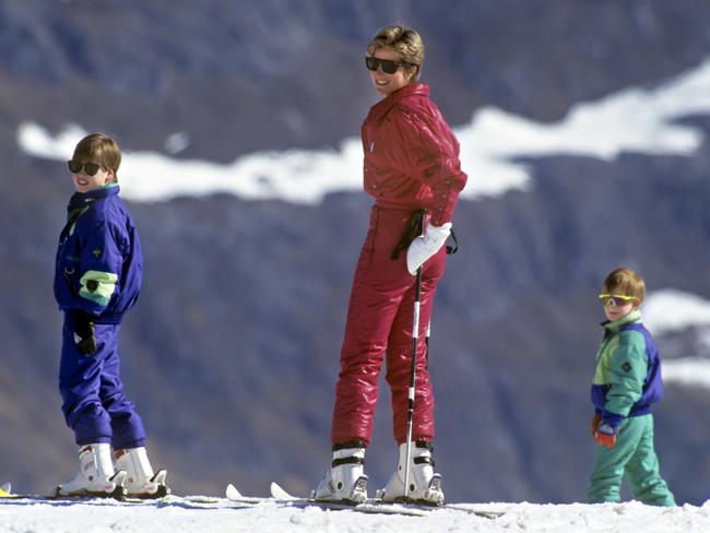 Prince William, Princess Diana and Prince Harry, far right, in Lech, Austria. Picture: Getty Images