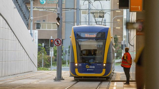 Opening morning of the Stage 2 of the Gold Coast light rail (g:link). The first tram leaving from GCUH to Helensvale. Picture: Jerad Williams