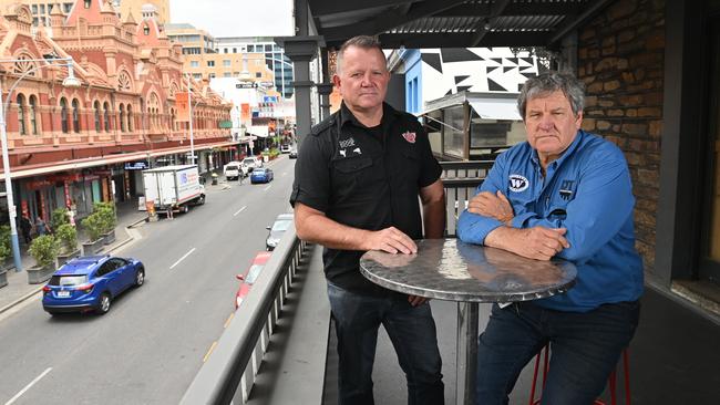 Dog and Duck owner David O'Connell with Woolshed, Blackbull and Downtown director John Meek at the Dog and Duck on Hindley Street. Picture: Keryn Stevens