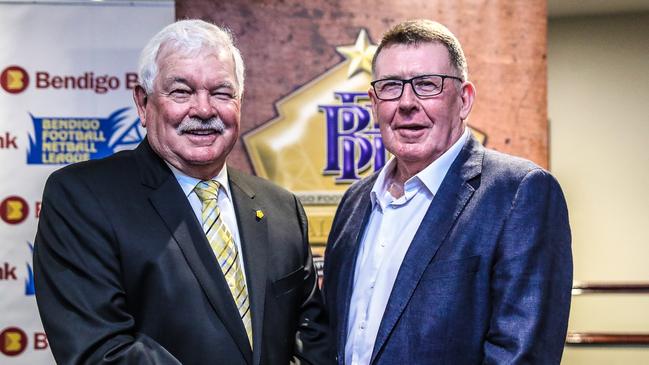 Bendigo Football League legends, the late Ron Best, left, and Tony Southcombe. Picture: Supplied