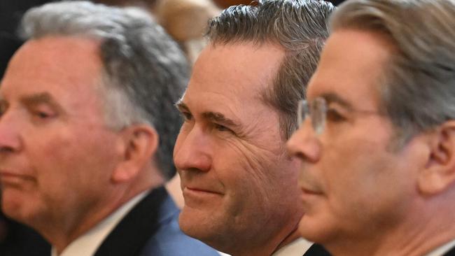 US National Security Adviser Mike Waltz (C) listens during a joint press conference by President Donald Trump and French President Emmanuel Macron in the East Room to the White House in Washington, DC, on February 24, 2025. (Photo by Jim WATSON / AFP)
