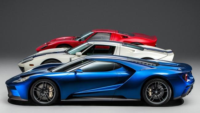 How the new Ford GT compares with the original (back) and the 2004 model (centre). Picture: Supplied