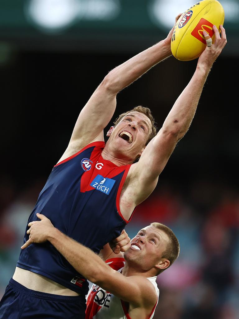 Melbourne’s Harrison Petty marks strongly against Sydney. Picture: Michael Klein