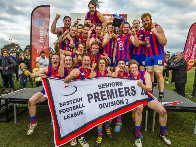 Upper Ferntree Gully celebrates its 2016 grand final win. Picture: Valeriu Campan