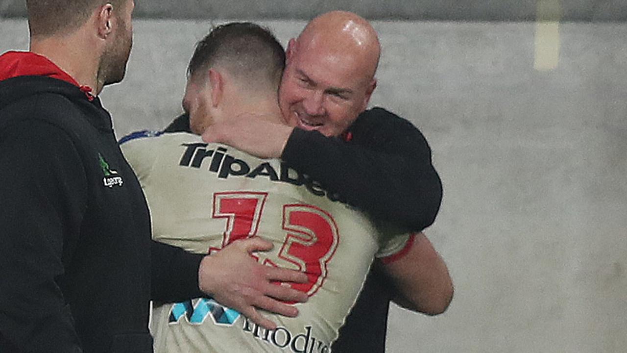 Paul McGregor celebrates his team's win with Cameron McInnes. Picture: Brett Costello