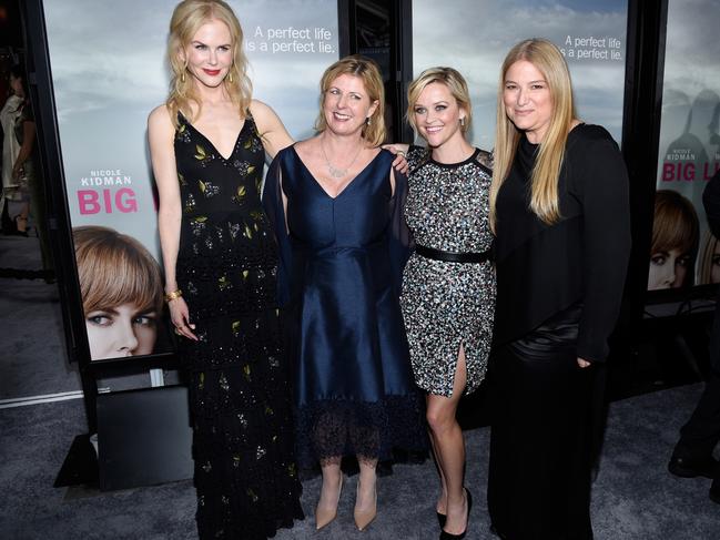 Liane Moriarty with Nicole Kidman, Reese Witherspoon and Australian executive producer Bruna Papandrea. Picture: Getty Images