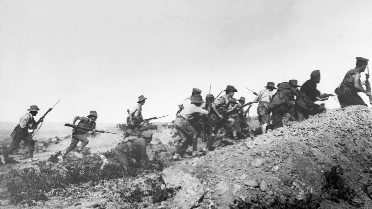 Australian troops charge near a Turkish trench just before the evacuation in Gallipoli in 1915. Picture: Getty