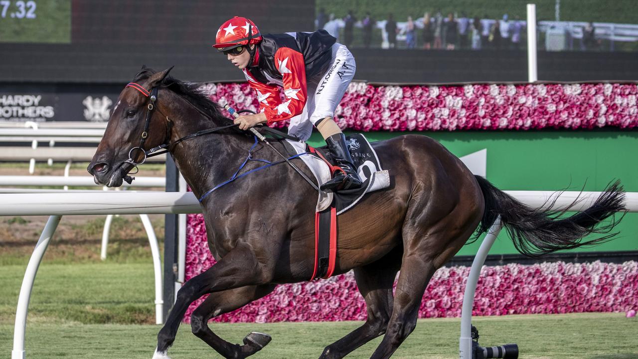 The Troy Pascoe-trained Mishani El Lobo winning for apprentice Adin Thompson at Eagle Farm last month. Picture: AAP