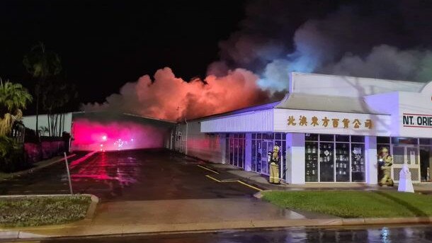 The NT Oriental Emporium in Nightcliff engulfed in flames in the early hours of this morning. Picture: Supplied