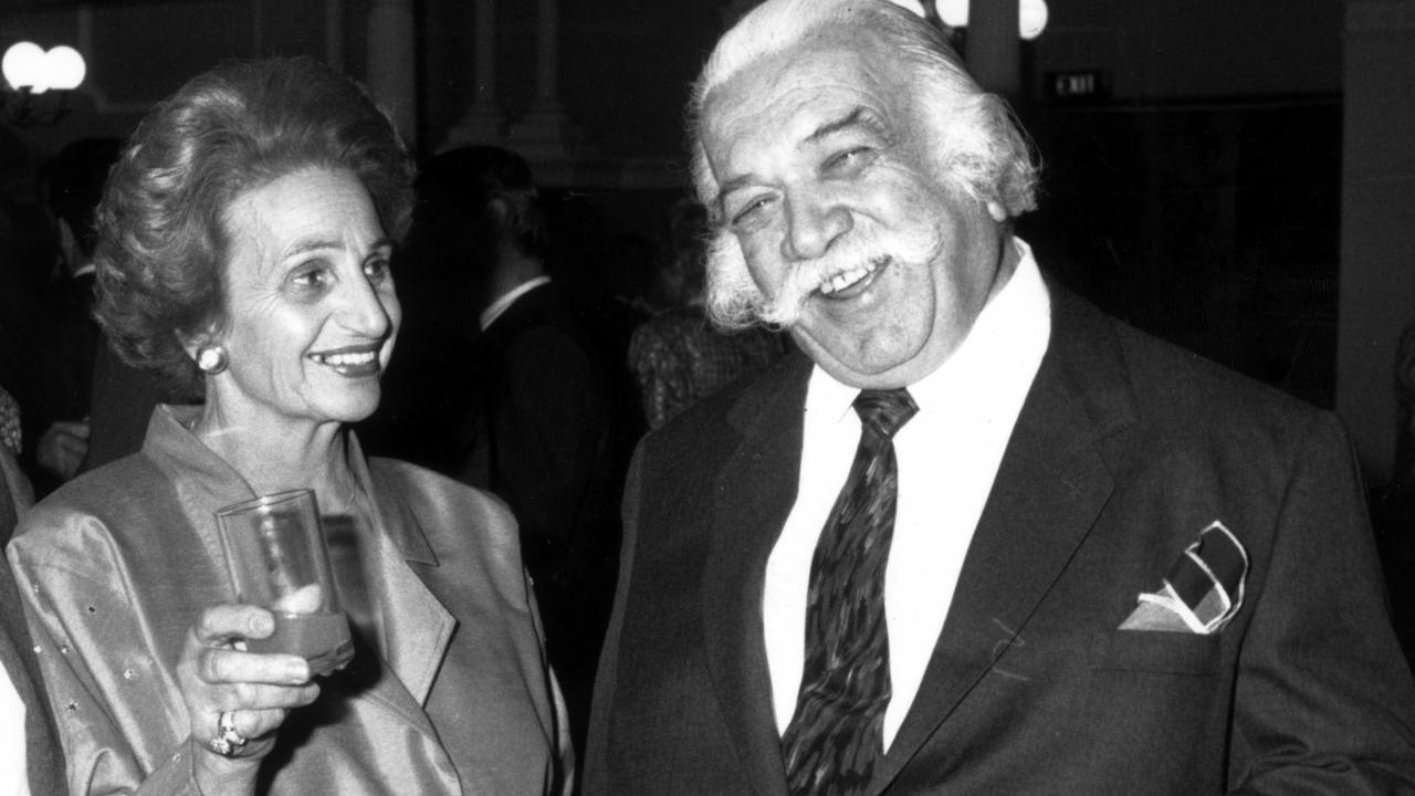 SA businessman Constantine (Con) Polites (r) with his wife Florence (l) celebrating Greek national day at the Adelaide Town Hall 02 Apr 1989