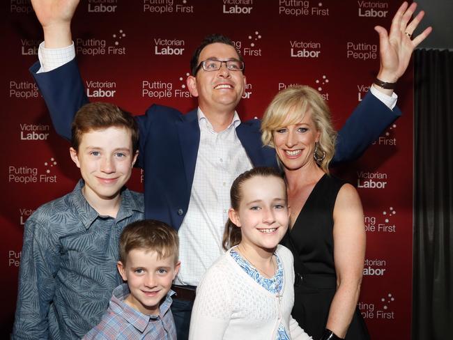 Daniel Andrews thanked his “secret weapon”, wife Catherine, and kids Joseph, Grace, and Noah. Picture: Alex Coppel.