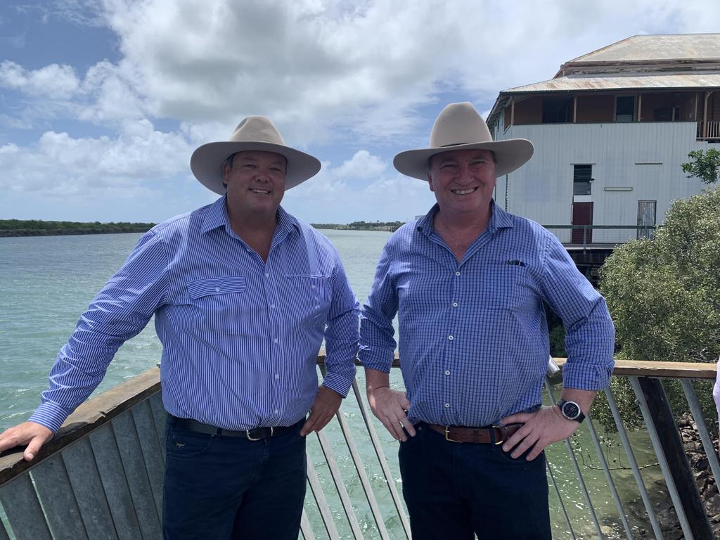 Dawson LNP candidate Andrew Willcox and Deputy Prime Minister Barnaby Joyce at the Pioneer River. Picture: Contributed