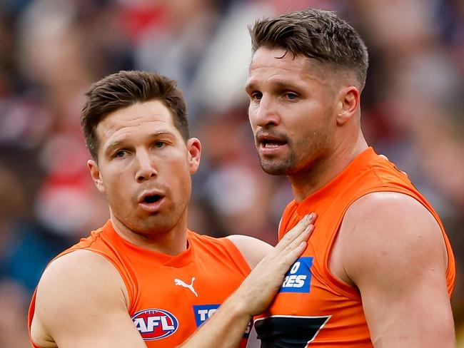 MELBOURNE, AUSTRALIA - SEPTEMBER 09: Toby Greene and Jesse Hogan of the Giants celebrate during the 2023 AFL Second Elimination Final match between the St Kilda Saints and the GWS GIANTS at Melbourne Cricket Ground on September 09, 2023 in Melbourne, Australia. (Photo by Dylan Burns/AFL Photos via Getty Images)