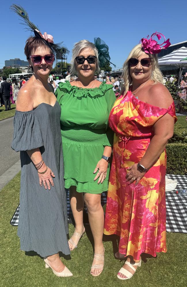 Jo Patton, Jackie Finnie and Leanne Cameron at the Melbourne Cup at Flemington Racecourse on November 5, 2024. Picture: Phillippa Butt