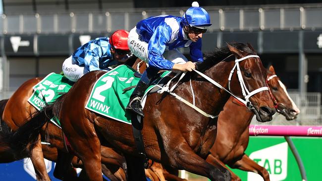 Hugh Bowman riding Winx during the Turnbull Stakes in October. Picture: Getty