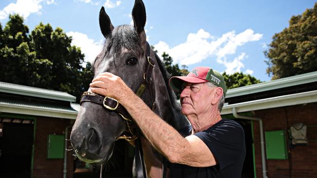 Race horse trainer Les Bridge with Classique Legend that will be racing in this Saturdays Everest at Royal Radwick racecourse, poses for a photo on the 17th of October 2019 at Les's stables in Randwick. Photographer: Adam Yip