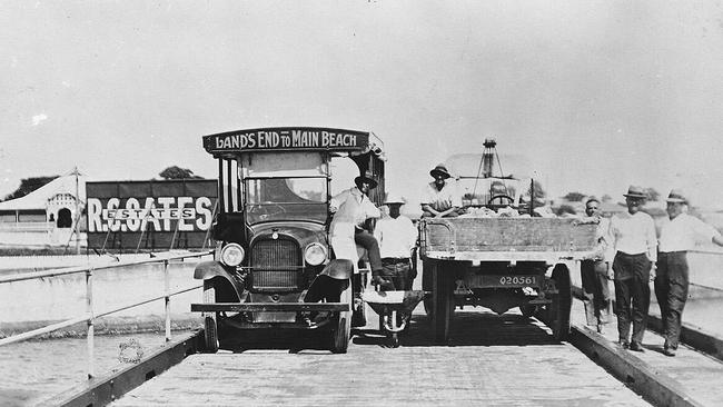 The official opening of the Jubilee bridge, from Southport to Main Beach, on November 25, 1925. Bridge engineer George Brindell pushed a wheelbarrow to prove two vehicles could pass on the new bridge.