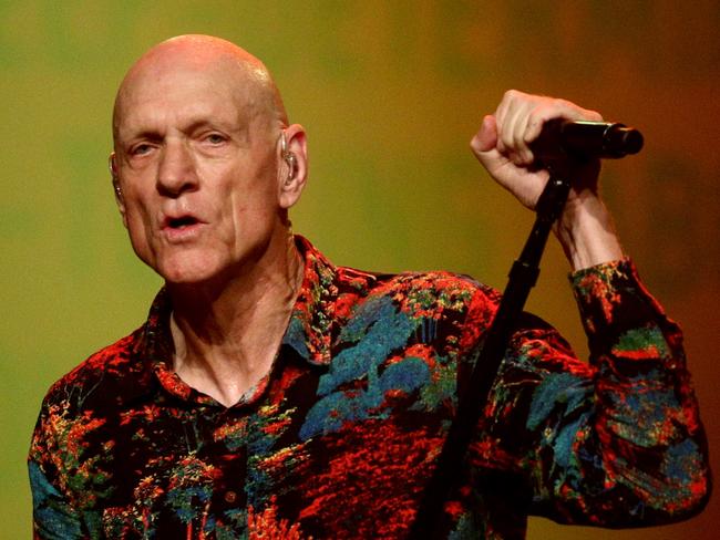 SYDNEY, AUSTRALIA - FEBRUARY 25:Peter Garrett of Midnight Oil  performs alongside Tasman Keith and Leah Flanagan  and Liz Flanagan   as part of Makarrata Live at Enmore Theatre on February 25, 2021 in Sydney, Australia. (Photo by Don Arnold/WireImage)