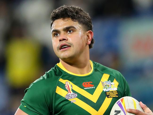 HUDDERSFIELD, ENGLAND - NOVEMBER 04: Latrell Mitchell of Australia warms up prior to the Rugby League World Cup Quarter Final match between Australia and Lebanon at John Smith's Stadium on November 04, 2022 in Huddersfield, England. (Photo by Alex Livesey/Getty Images for RLWC)